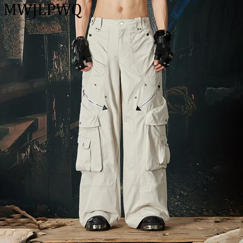 

MWJLPWQ Men's New Heavy-Duty Pleated Cargo Trousers For Men Multi-Pocket Zipper Loose Straight Wide Leg Casual Pants 13914