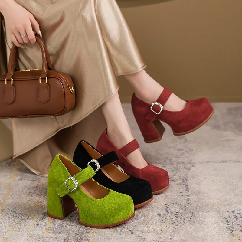Round Toe Platform High Heels Women's One Line Rhinestone Block Heel Single