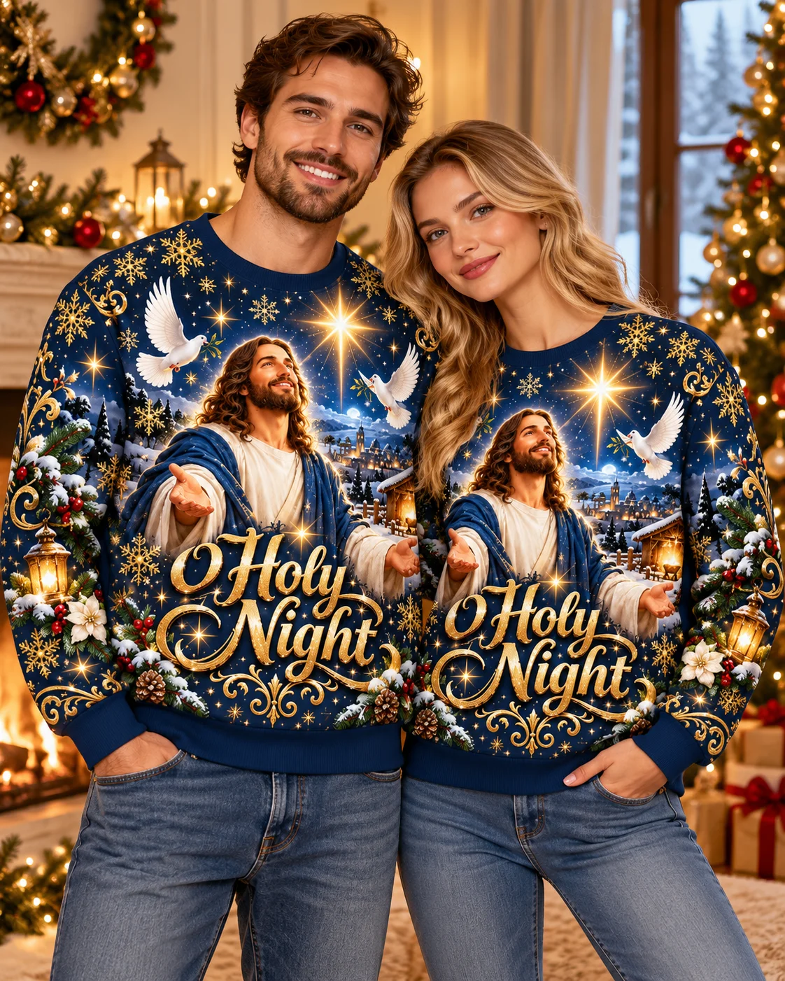 Faith Jesus Christmas Sweater Men Women O Holy Night 3D Print Christian Xmas Sweatshirt Long Sleeve Nativity Holiday Pullover