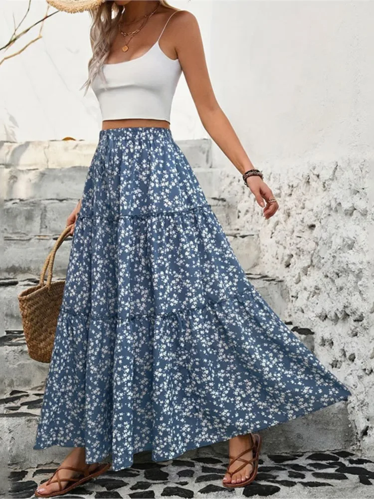 Women High Waist Small Floral Three Tiered Big Hem Maxi Skirt Long Ruffle Trim Boho Summer Vacation Holiday Skirt Vestidos