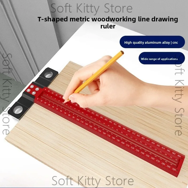 12-Inch woodworking hole drawing ruler, parallel and vertical line drawing T-shaped line hole scribing, marking ruler