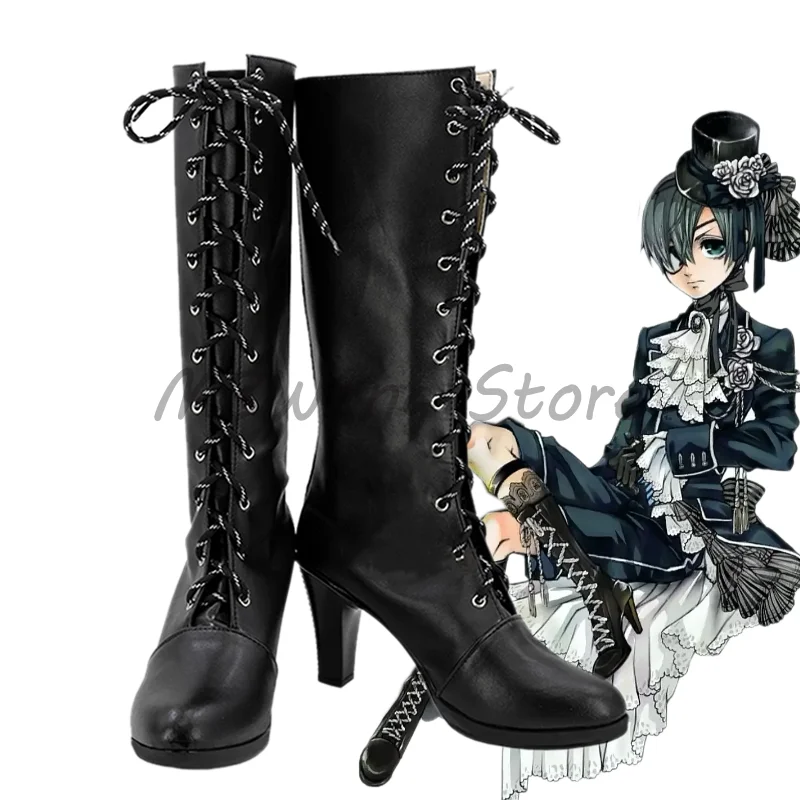 Black Butler Ciel Phantomhive Anime Cosplay Shoes Black High-heeled Boots Halloween Carnival Party Accessories Cos Custom-made