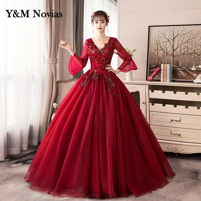 Y&m Novias Custom Neck Long Sleeve Quinceanera 15 Years Vestidos De 15 Anos Mint Wine Red Turquoise Quinceanera Gown For Party