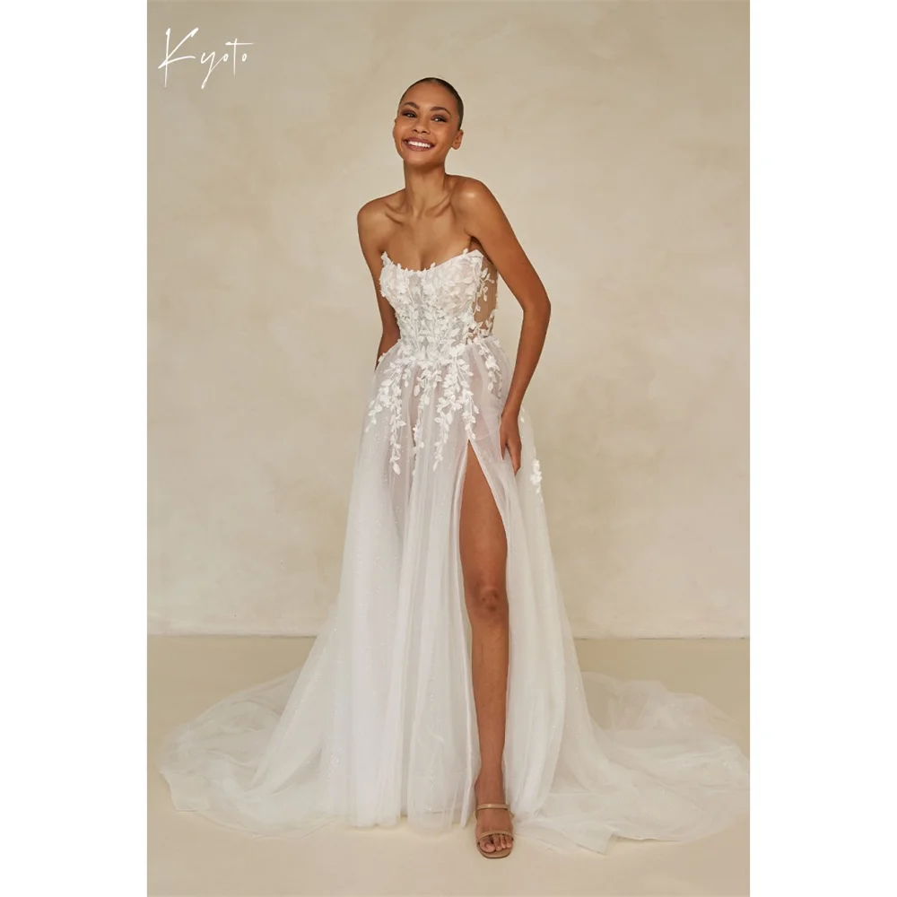 

Kyoto Customized White Strapless Tulle Wedding Dress Sleeveless Zip Side High Split vestidos de noiva A-Line Evening Dress 2026