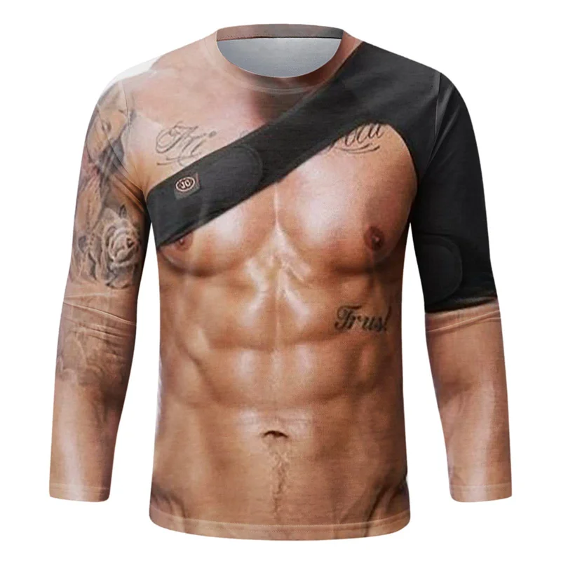 Funny Fake Muscle Graphic 3D Print Sport Quick-dry Breatha Long Sleeve ManTShirt Outdoor Street Casual Fashion  Y2K Harajuku Top