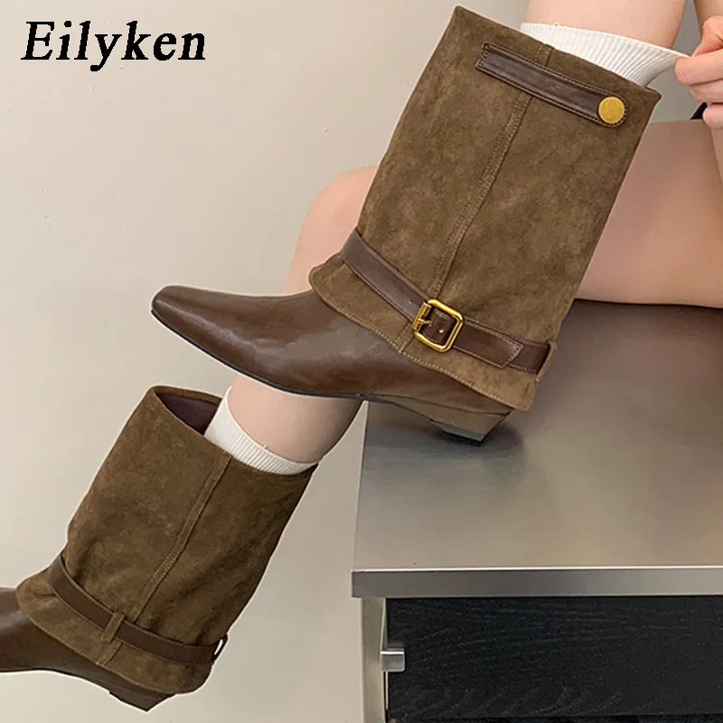 Eilyken Fashion Vintage Splicing Wedges Low Heels Woman Ankle Boots Autumn Winter Pointed Toe Belt Buckle Shoes