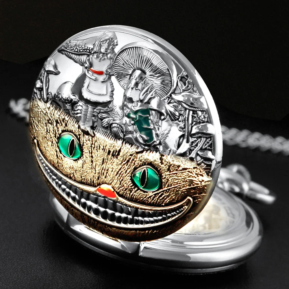 Silver Cute funny Cat design Retro Time Gemstone Quartz Pocket Watch Fashion Pendant Necklace for Men, Women and Children Gift