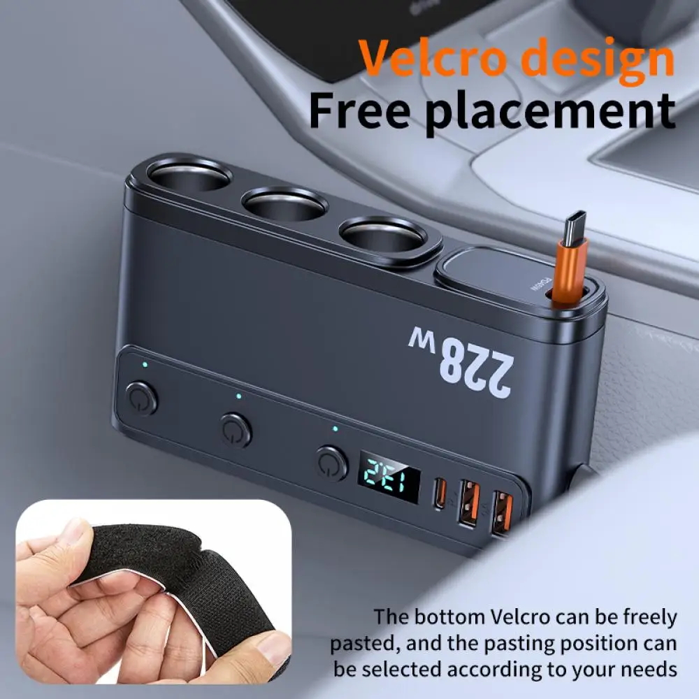 228W 9 in 1 Car Charger Adapter Charge Independent Switches PD36W/45W QC3.0 18W 3 Socket Cigarette Lighter Splitter with Voltage