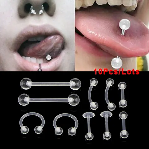 10Pcs/Set Transparent Acrylic Barbell Eyebrow Belly Tongue Ring Piercing Jewelry