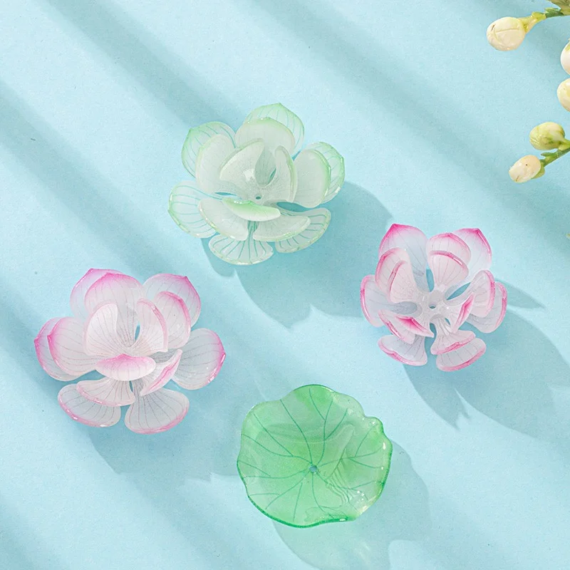 Min order 20pcs/lot color print cartoon Lotus flowers leaves shape handmade acrylic floral beads diy jewelry garment accessory