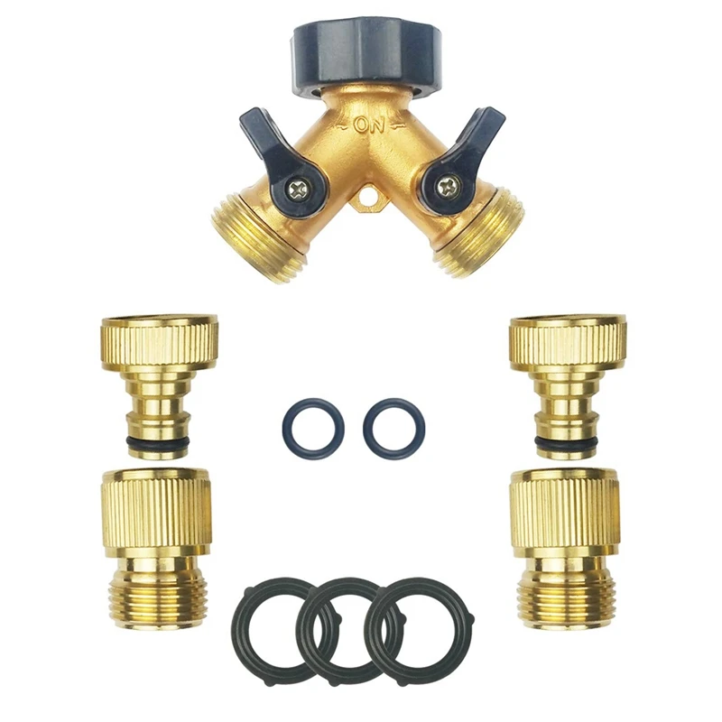 

Brass Garden Hose Quick Connect Fittings(2 Male 2 Female)+Brass Hose Y Splitter(2 Way)+5 Extra Washers 3/4 Inch