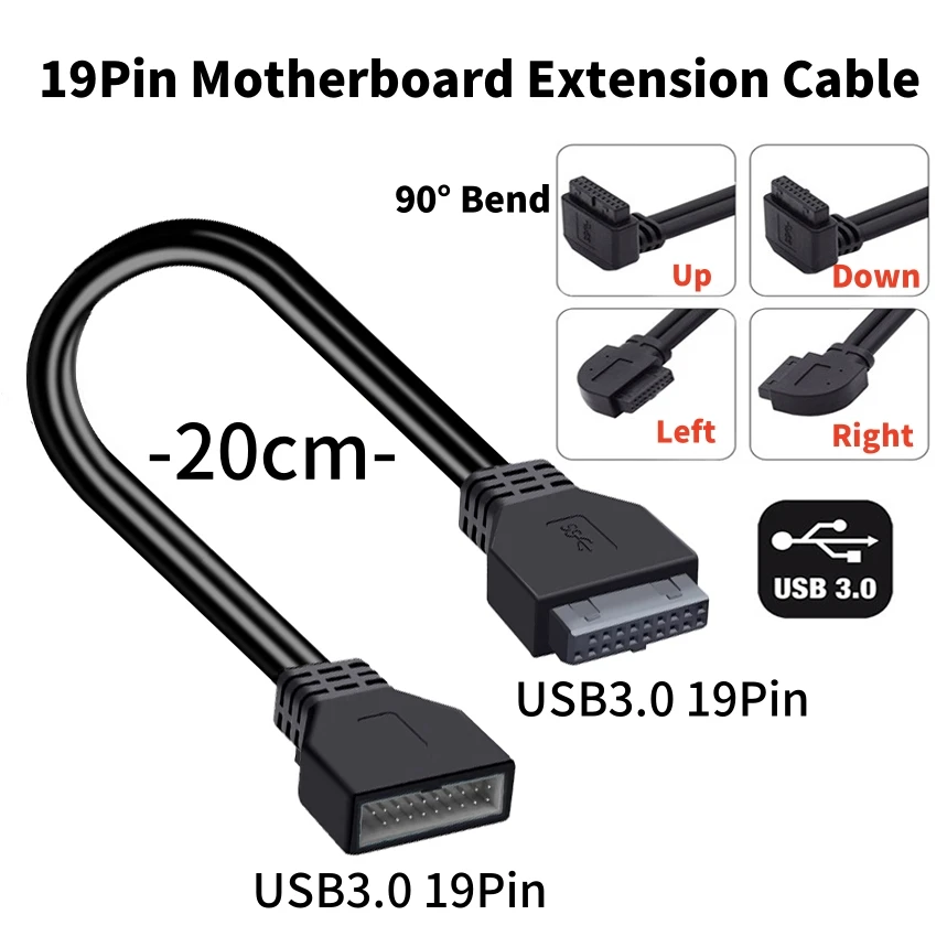 Motherboard Front Panel USB3.0 20Pin/19Pin Male to Female Extension Cord 90 Degree High-Speed Data Cable for Desktop PC Case