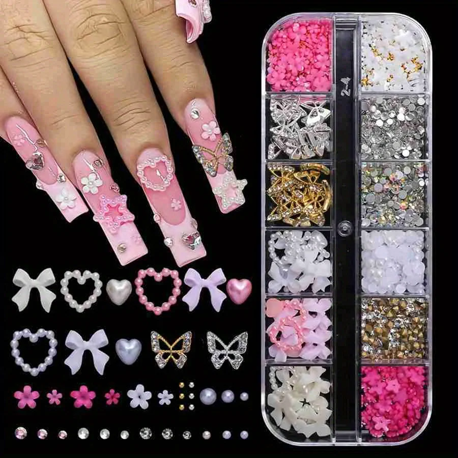 Strass pour ongles en alliage mixte, 12 grilles, nœud papillon, Mini fleur, gemmes, perles, cœur, dé