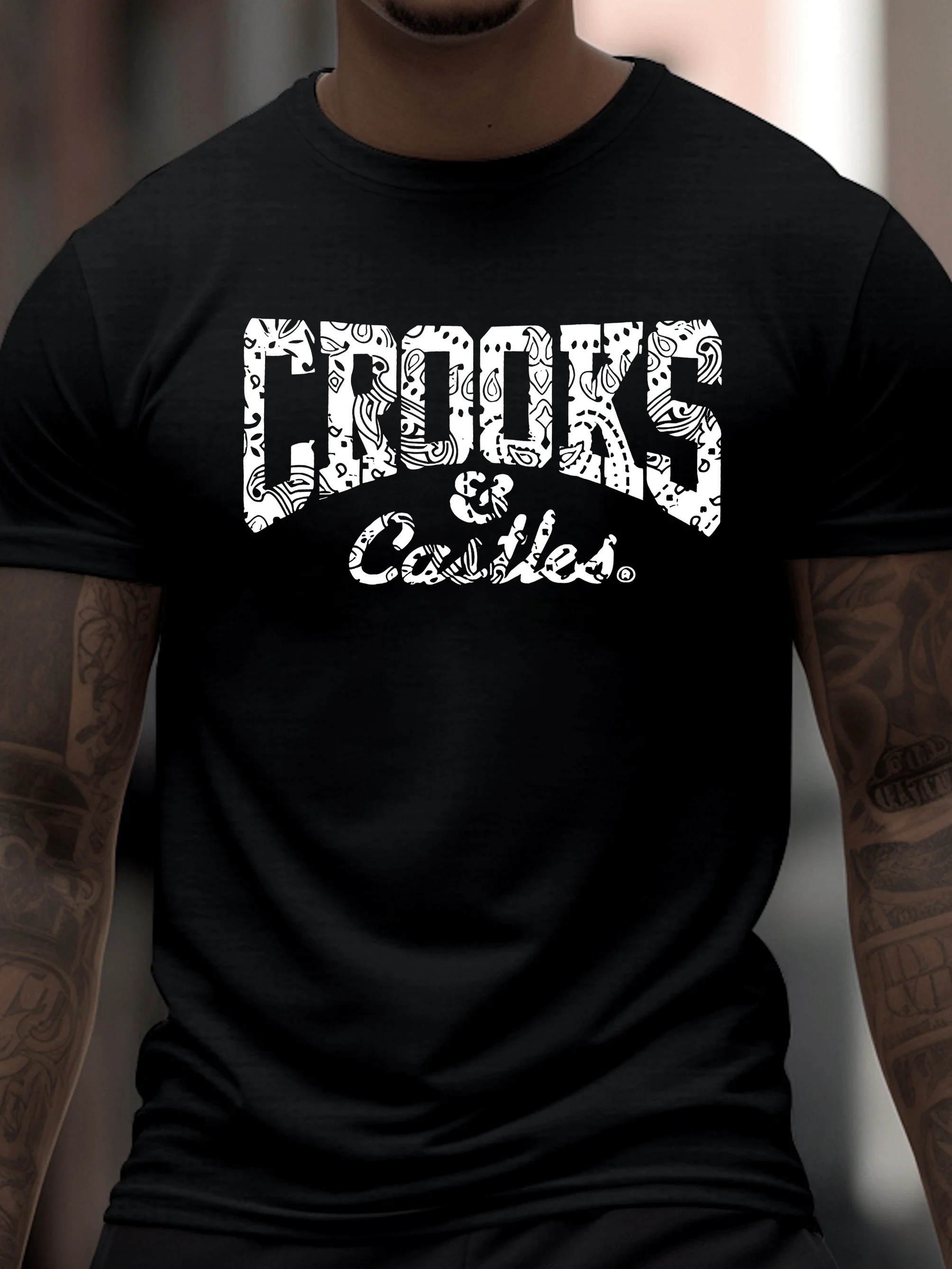 

CROOKS Print Plus Size Men's Short Sleeve T-Shirt, Casual Fashionable Tee For Outdoor Sports And Leisure