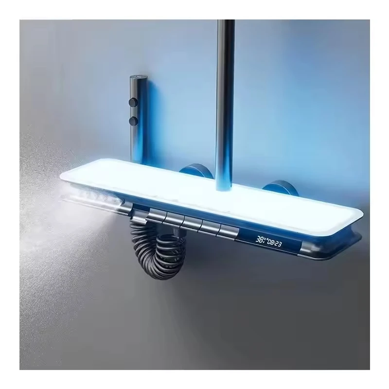 Inteligentny zestaw prysznicowy LED z cyfrowym wyświetlaczem, czterofunkcyjny, mosiężny, polerowana kwadratowa głowica prysznicowa, ceramiczny deszczownica, podciśnieniowy, do pleców, SPA, do mieszkania.