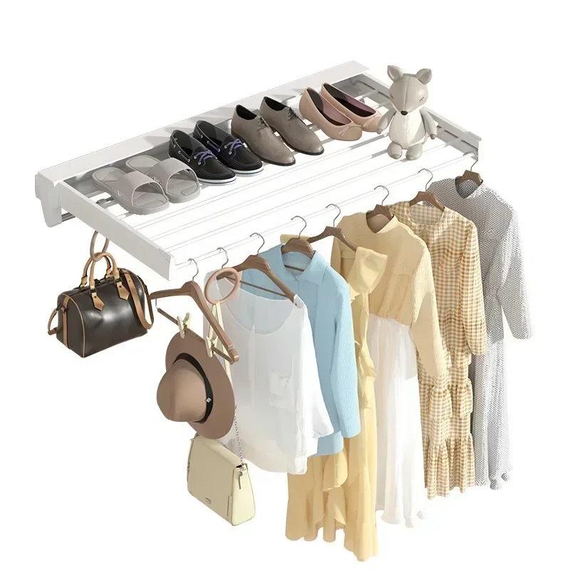 

No-hole Indoor Balcony Clothes Towel Shoe Drying Rod Invisible Drying Rack Wall Mounted Multi-Functional Folding Clothesline