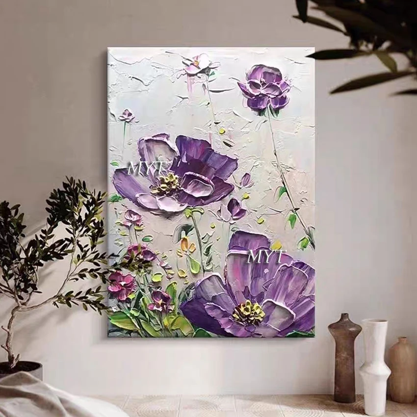 Acrylic Knife Painting Artwork Decoration Abstract Canvas Roll Unframed Purple Flower Wall Poster 3D Plant Art Style Picture