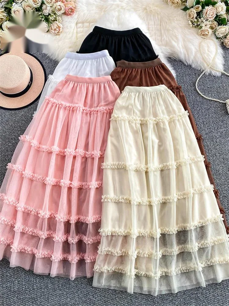 

Сетчатая универсальная длинная юбка с асимметричным кроем, свободная, с эластичным поясом, облегающая, в стиле феи, повседневная, женская, весенняя, струящаяся, с оборками, А-силуэт