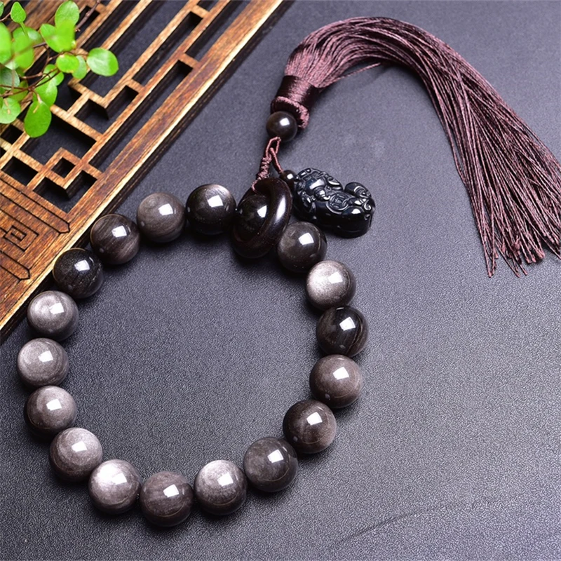 16MM Natural Silver Obsidian Pixiu Pendant Bracelet Women Men Handmade Stretch Rope Luxury Jewelry Energy Healing Gift 1PCS