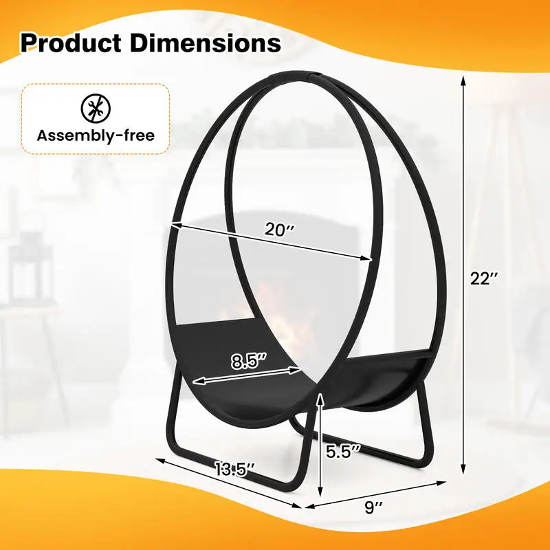 20 Inch Round Metal Firewood Log Hoop, Heavy Duty Curved Log Rack With Stand And Handle, Storage Holder For Fireplace, Camping, BBQ, Party Decor, No Assembly Required