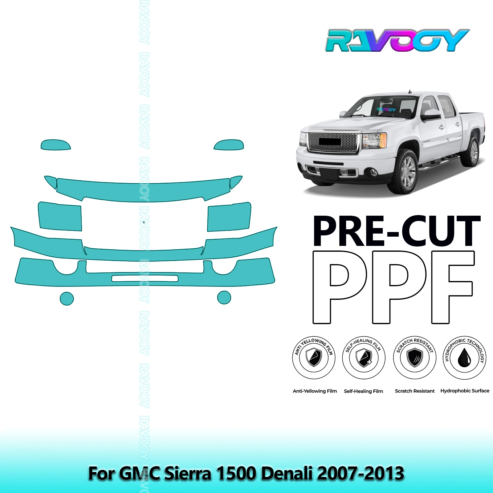 For GMC Sierra 1500 Denali 2007-2013 Partial Front 8.5Mil Pre-Cut Paint Protection Film PPF Stone Chip Kit | Clear/Matte/Black