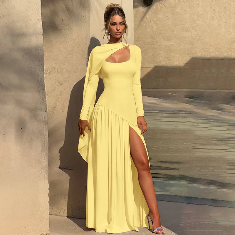 Femme vêtements à manches longues pansement haute fente robe de soirée taille haute plissée longue Maxi robes de soirée