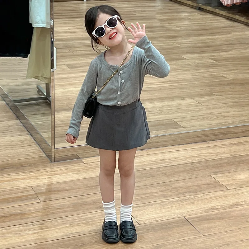 Childrens Sets Korean Causal Time Autumn Versatile Camisole Single Row Buckle Long Sleeved Tops Fashion 2024 Tide