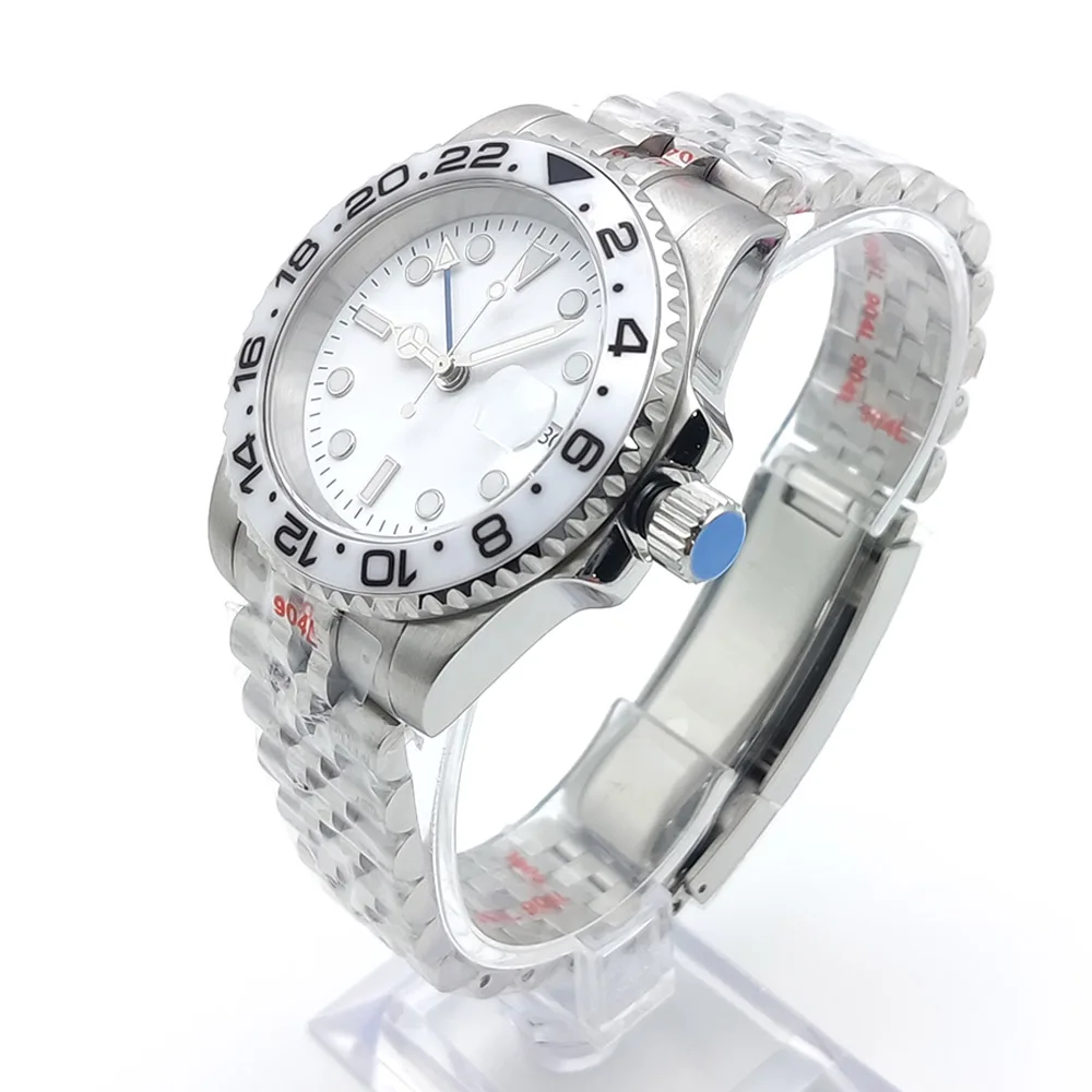 PARNSRPE Men's Automatic GMT Watch NH34A White Dial Sapphire Crystal Luminous Stainless Steel Waterproof Diver Watch