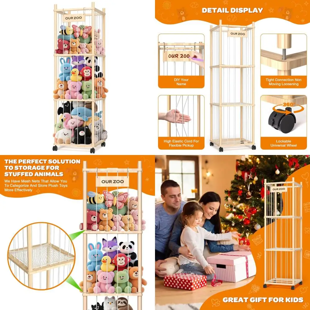 شبكة تخزين حديقة الحيوانات المحشوة، منظم ألعاب من القطيفة المتدحرجة #1