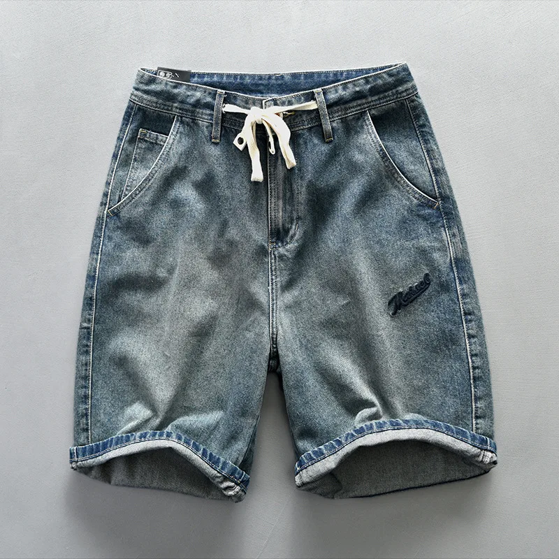 

Vintage Washed Denim Shorts for Men 2024 Summer Basic Simple Drawstring Straight Half Jeans for Youth Male Retro Loose Knee