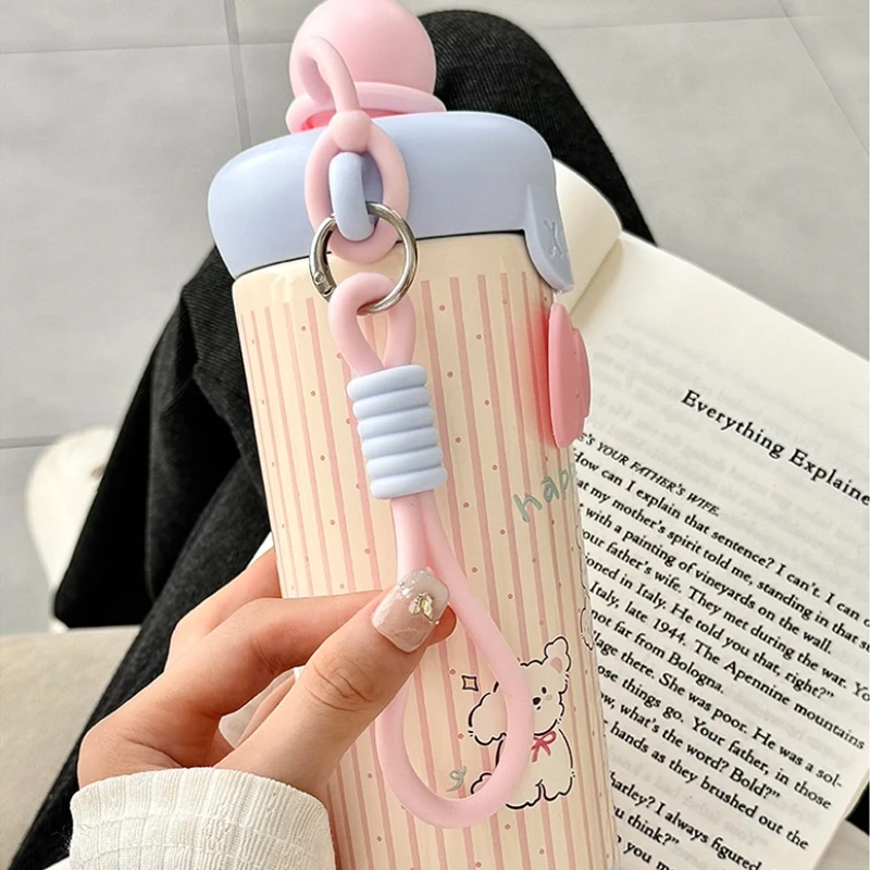 لطيف القط زجاجة ماء حراري مع القش القوس ملصق ترمس من الفولاذ المقاوم للصدأ للمياه الساخنة الباردة القهوة الشاي كوب حراري 600 مللي