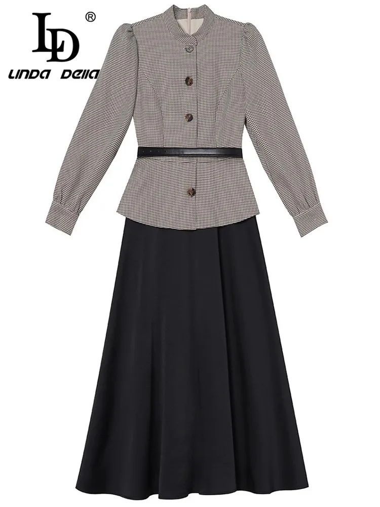 Ld linda della design feminino de alta qualidade gola manga comprida cetim retalhos falso vestido de duas peças com faixas de cintura alta