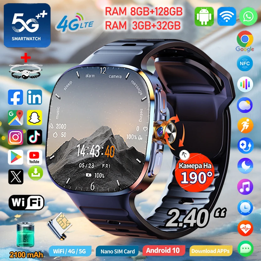 

4G Full Network Smart Watch 2.40 inch Screen HD Video Call 8GB+128GB RAM 2100mAh Google Play NFC WIFI GPS Map 5G Smartwatch+Box