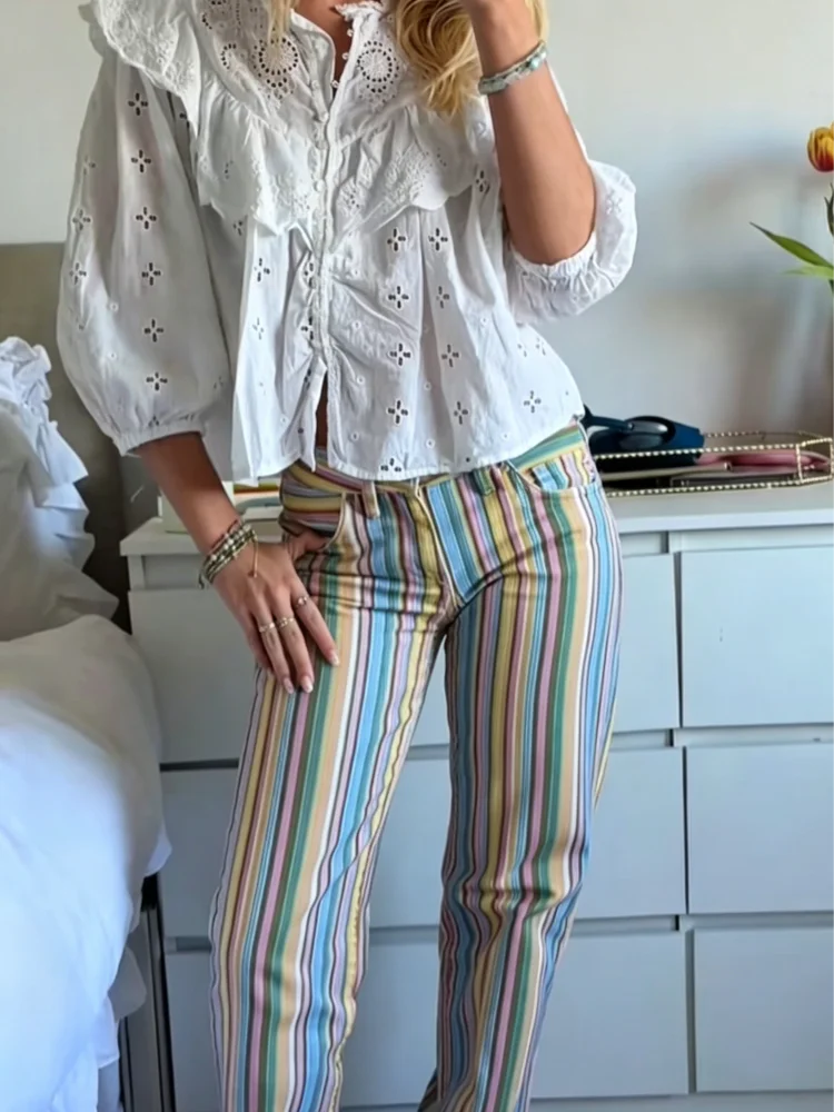 Chic Retro Flare Trousers Multicolor Striped Mid-rise Pastel Pinstripe Bootcut Pants Women Casual Street Stylish Outfits