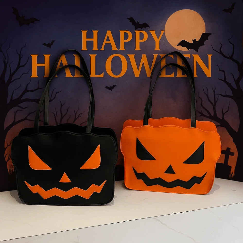 

Casual Gothic Halloween Tote Bag Large Capacity Pu Leather Pumpkin Shoulder Bag Creative Quirky Demon Messenger Bag Women