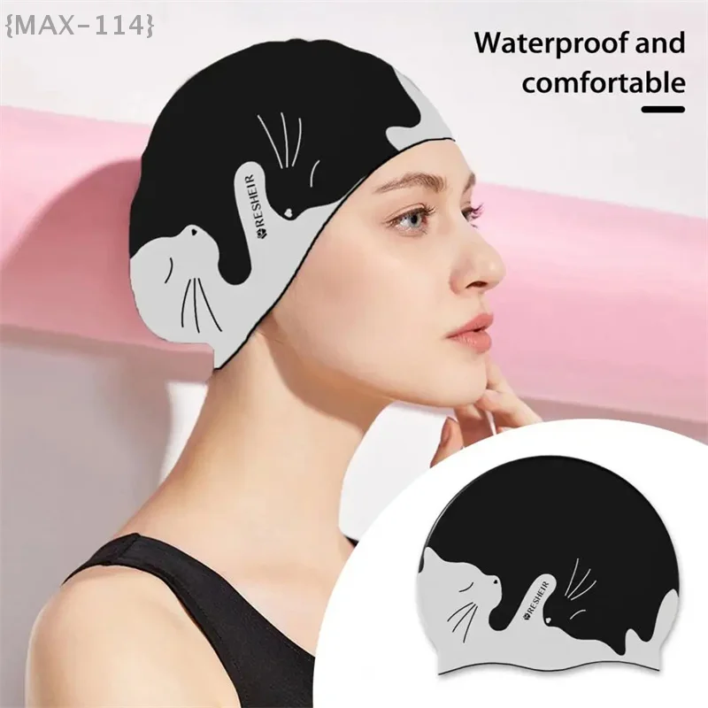 【Não】1 peça touca de natação de silicone com estampa de desenho animado | 100% à prova d'água com proteção auditiva 3D e padrões vibrantes