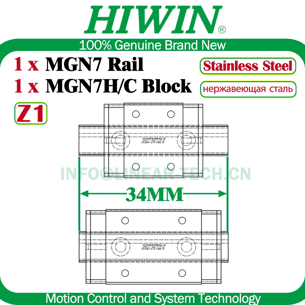 Original HIWIN MGN7H MGN7C Rail 34MM Z1 Preload Stainless Steel Linear Rail HIWIN Linear Rail Carriage 3D Printer No Backlash