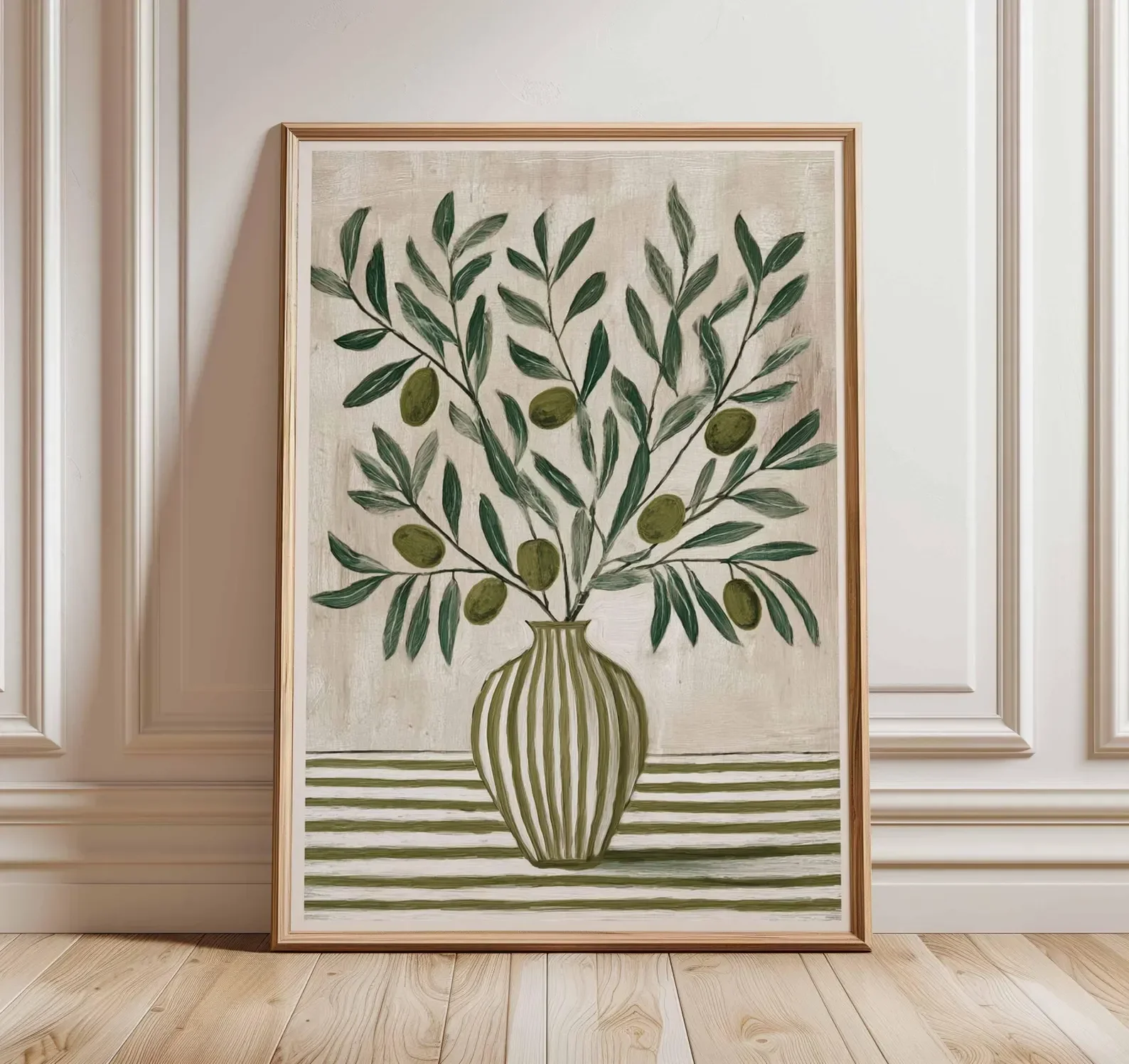 Póster de rama de olivo, arte de pared para cocina mediterránea, estampado de jarrón rústico, decoración botánica verde, arte