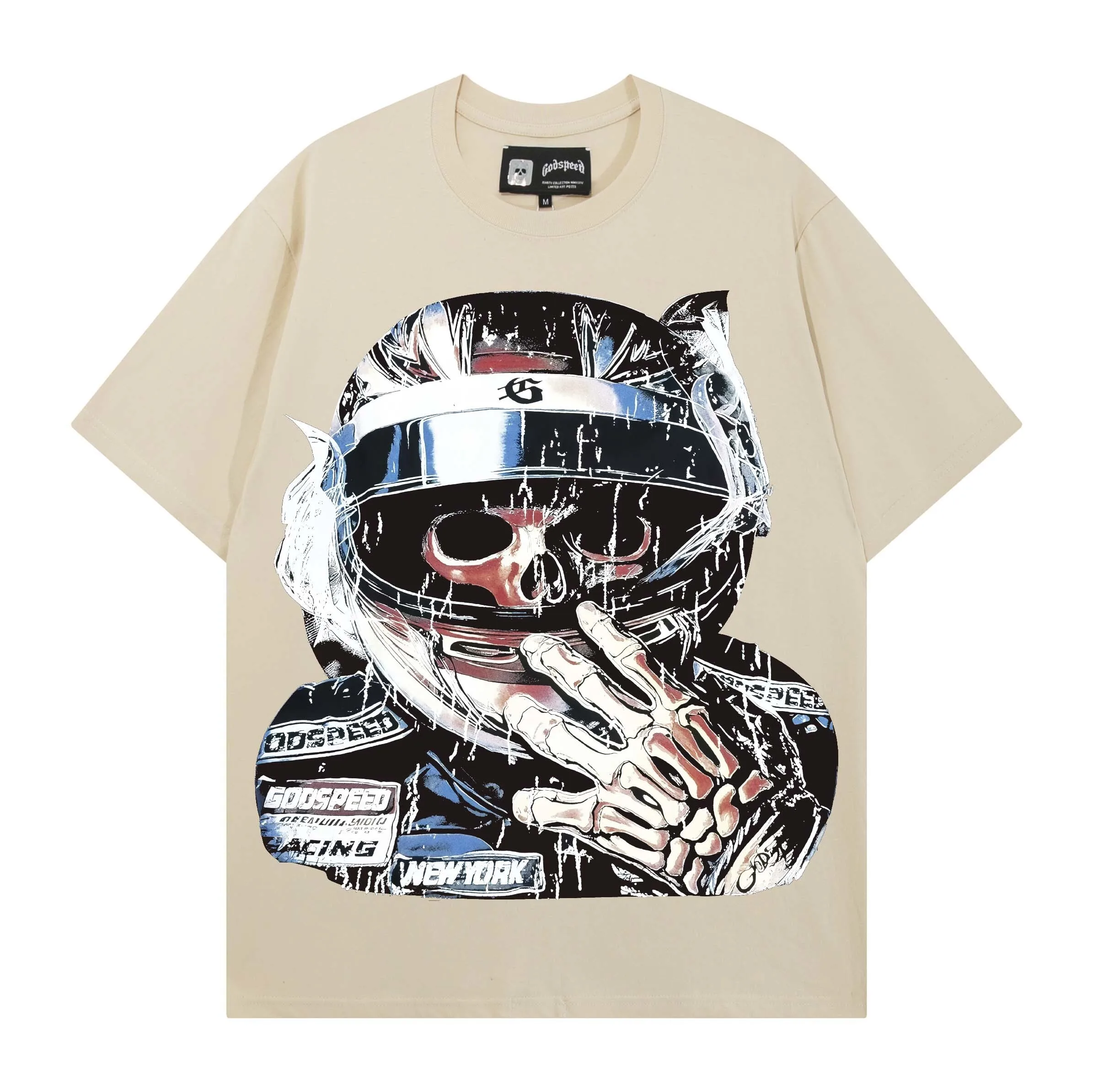Godspeed Retro Skeleton American Style Hip Hop Rock T-Shirt Pure Cotton Loose Short Sleeve Printed Youth Trend Summer Heavywe...