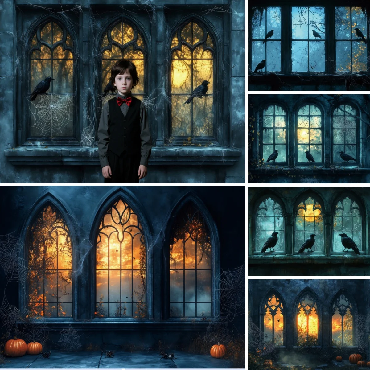 Halloween Photography Backdrop Deep Blue Moon Night Medieval Gothic Room Window Kids Family Portrait Decoration Photo Background