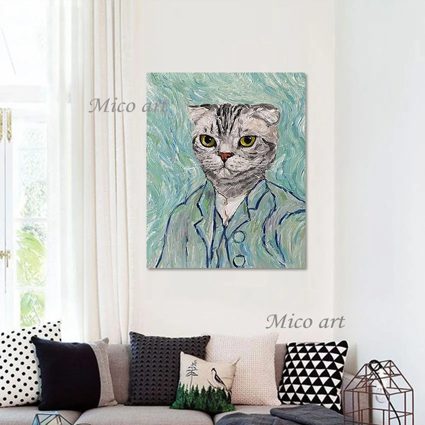 Cat Hand-painting Abstract Animal Painting Canvas Roll Artwork Outdoor Wall Decor Large Living Room Wall Pictures Unframed