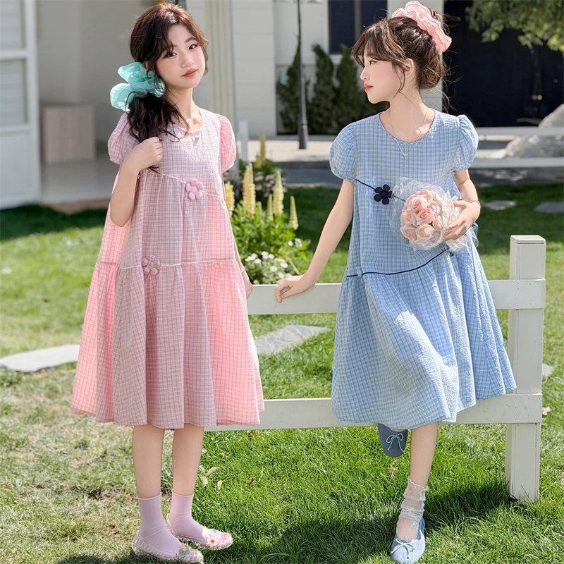 Girls Dress Summer Sweet Cute Flower Plaid Puff Sleeve Dress Children Clothes 2026 A Line Loose Comfortable Holiday Wear