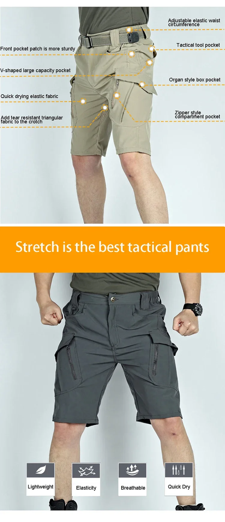 Mens Summer Short Pants Cargo Tactical Militry Multi-Pockets Hiking Camping Climbing Trousers Cyling Running Casual Sportwear