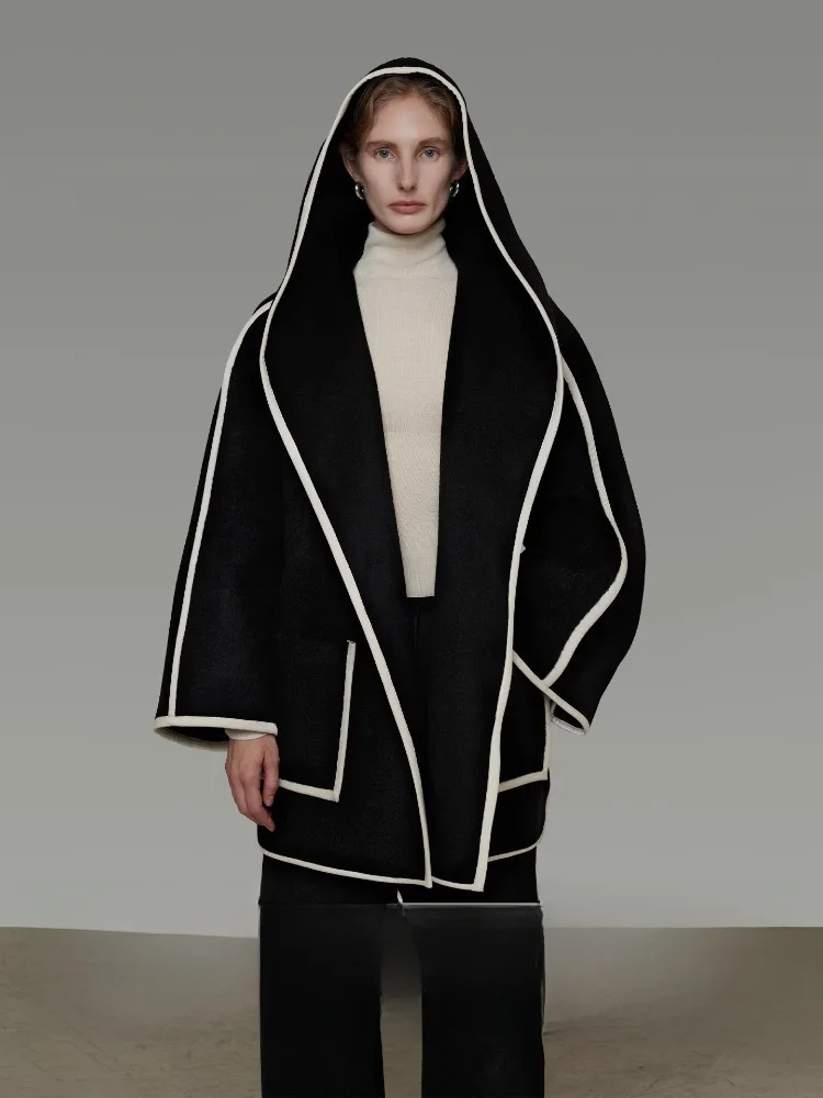 

Двустороннее шерстяное пальто женское свободного кроя с цветовыми блоками, с капюшоном, зимняя куртка прямого силуэта, для повседневной носки, эксклюзивно онлайн