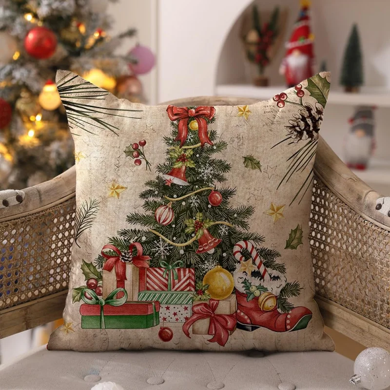 Christmas pillowcase 18x18 inches, set of 4 Christmas tree gift balls, decorative pillow cover