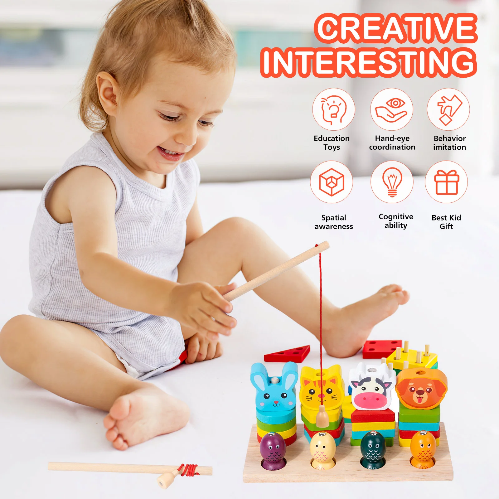 Canne à pêche en bois, 8 pièces, jeu de capture magnétique, éducatif, amusant, sûr, jouet d'interaction familiale