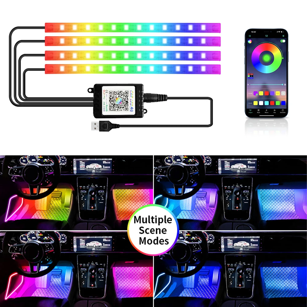 LED Car Interior Ambient Foot Light with USB Wireless Remote Music App Control Auto RGB Atmosphere Decorative Lamps