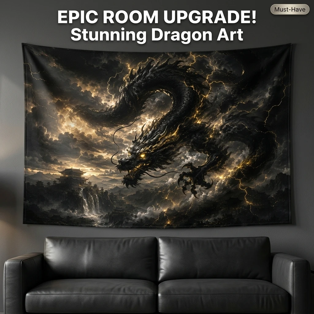 Majestic Dragon Tapestry Wall Hanging Epic Fantasy Art Banner Mythological Creature Home Decor Room Decor Stormy Sky Print