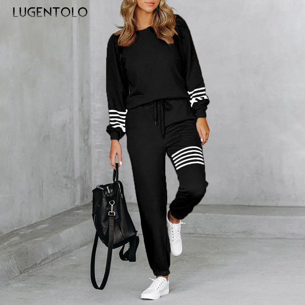 

Women Sweatshirt 2-piece Set Striped Print O-neck Threaded Cuff Top Elastic Waist Drawstring Jogging Bottoms Street Casual Wear