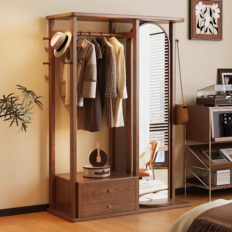 Solid wood coat rack Floor-to-ceiling bedroom household hanger drawer full-length mirror integrated rack